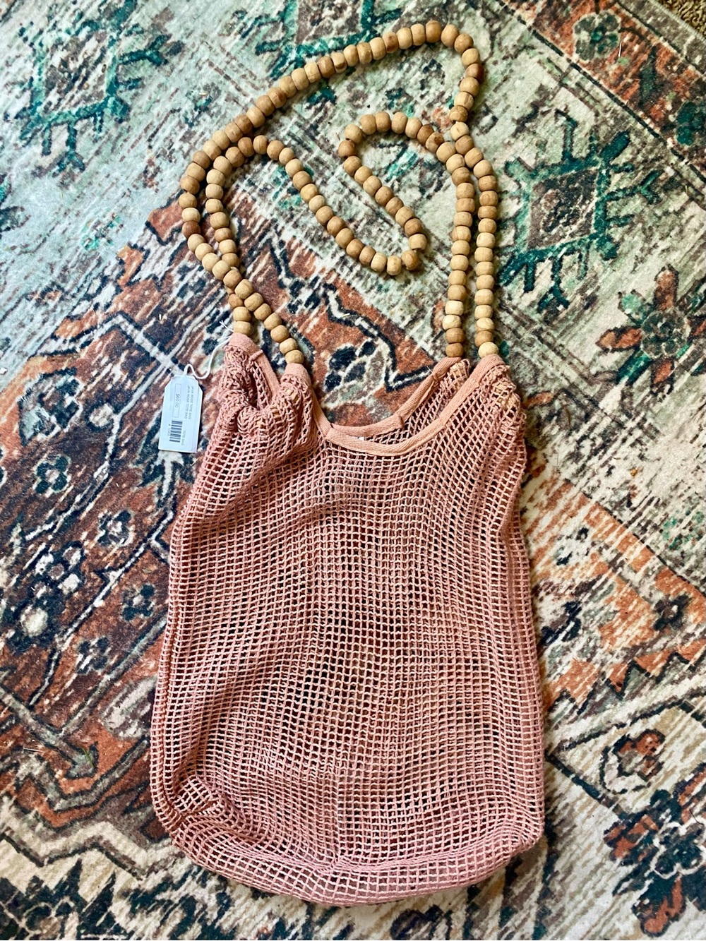 NWT Tina Demel Java Rose Woven Mesh Fishnet Tote Bag Beaded Handles Boho Beach